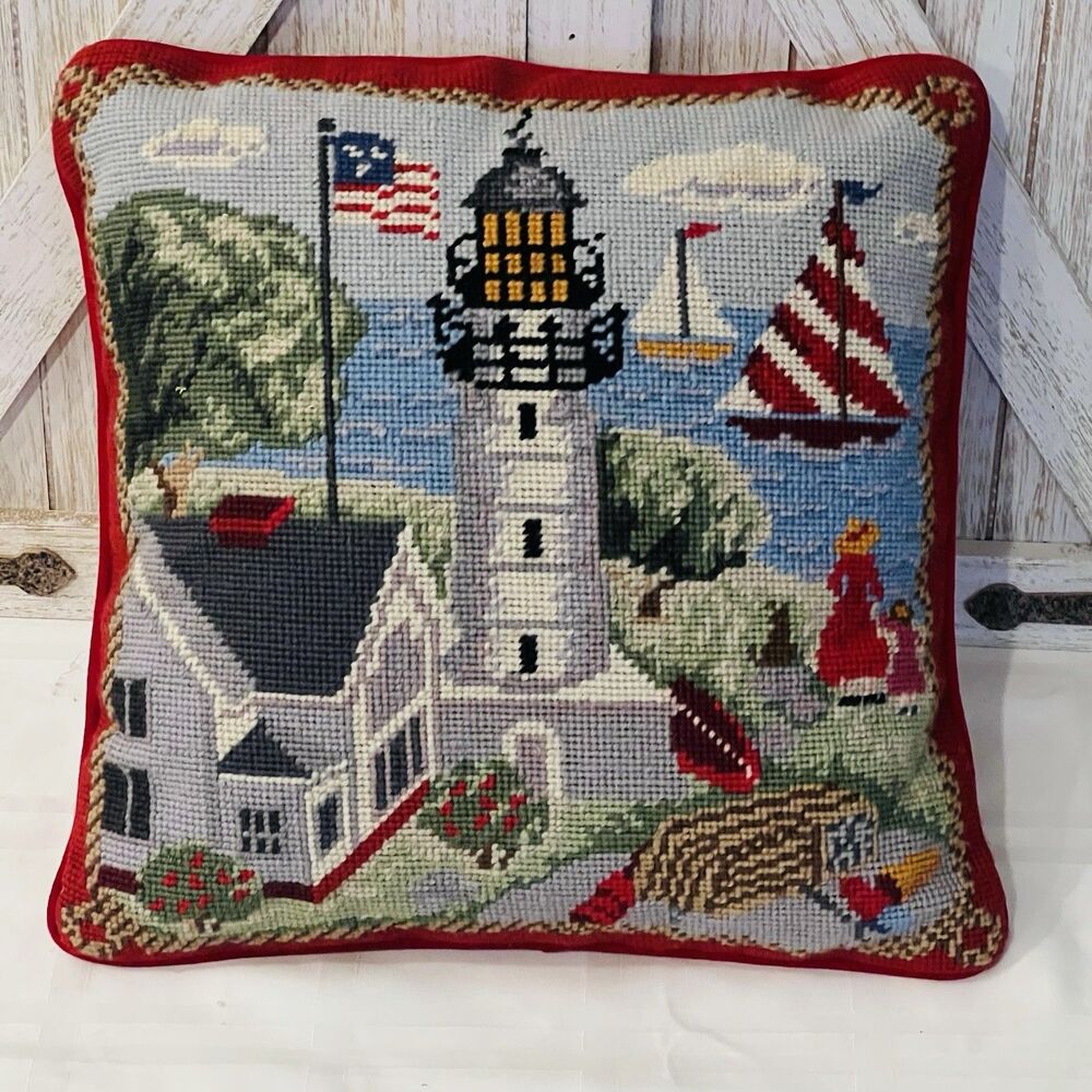 Vintage Needlepoint Lighthouse Coastal Sailboat Pillow Velvet Bk 13x13 Nautical